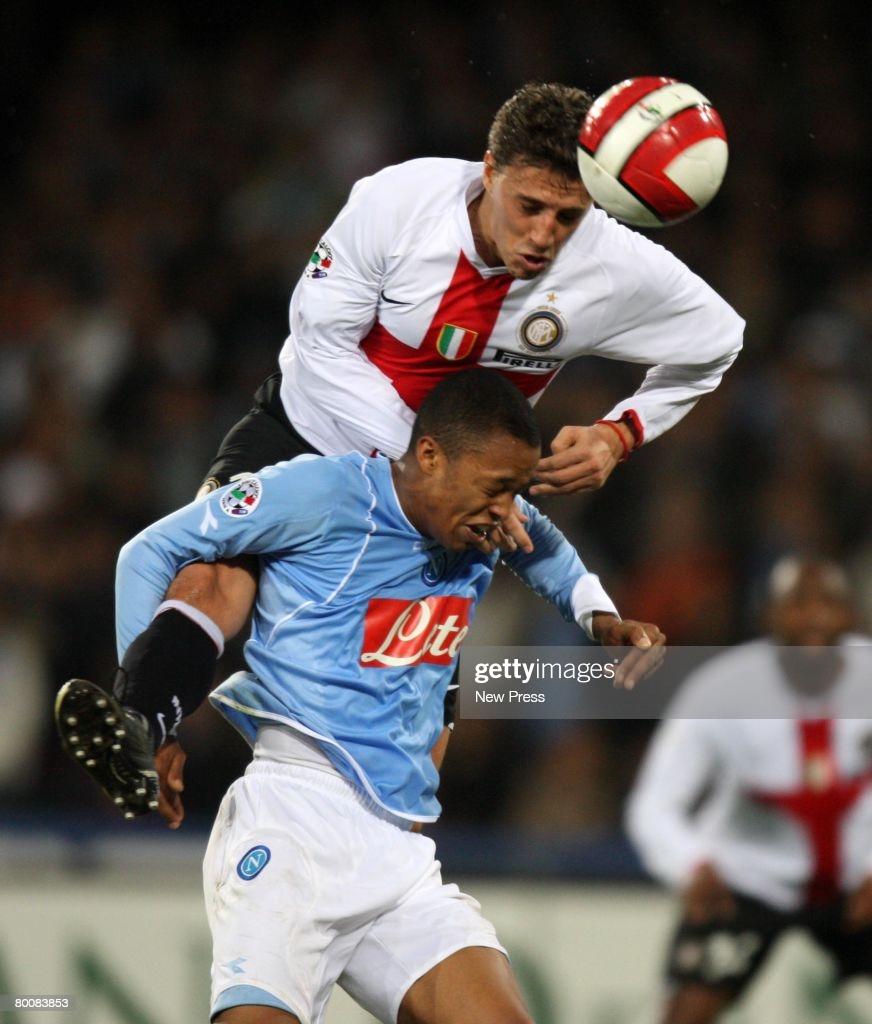 NAPOLI, ITALY - MARCH 02:  Fabiano Santacroce of Napoli and Hernan Crespo of Inter in action during the Serie A match between Napoli and Inter at the Stadio San Paolo on March 02, 2008 in Napoli, Italy. (Photo by New Press/Getty Images)